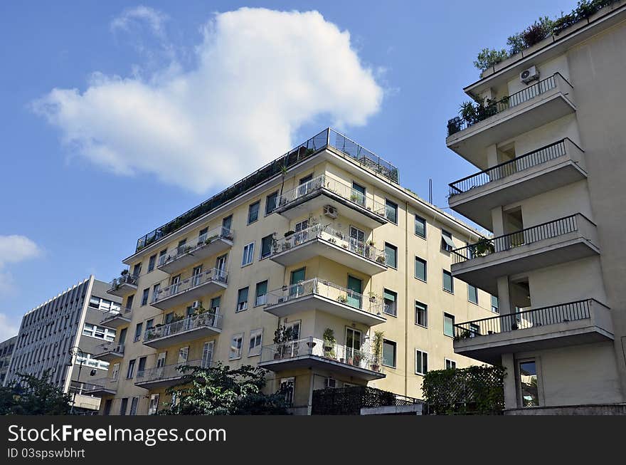 Modern block of flats with plants on top in center of Rome. Modern block of flats with plants on top in center of Rome