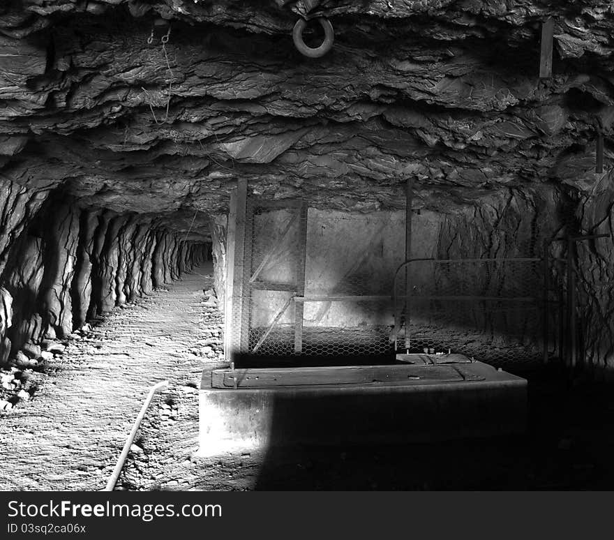 The inside of an abandoned mine tunnel.