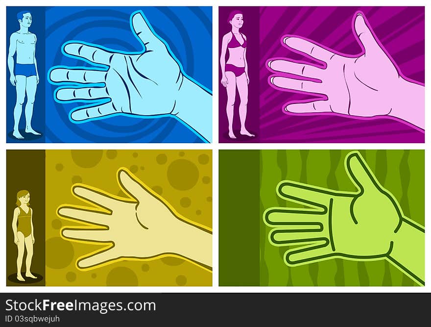 Figure in four different types of hand, man, woman, child, simple