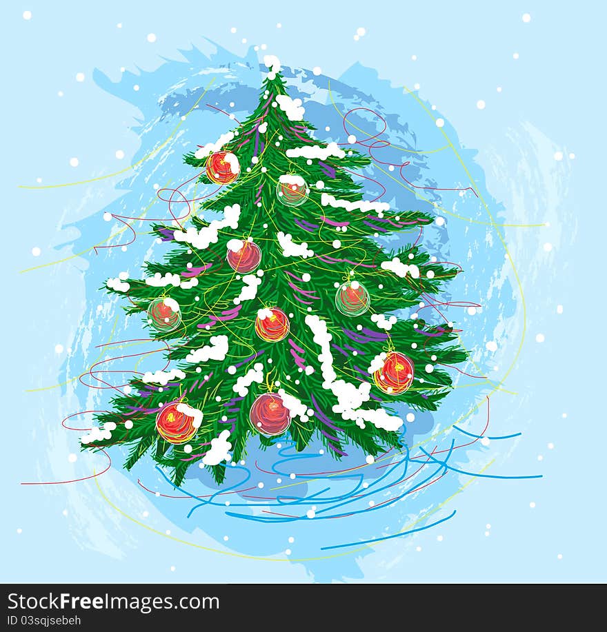 Self illustrated christmas tree, created as artistic painterly style, elements are grouped