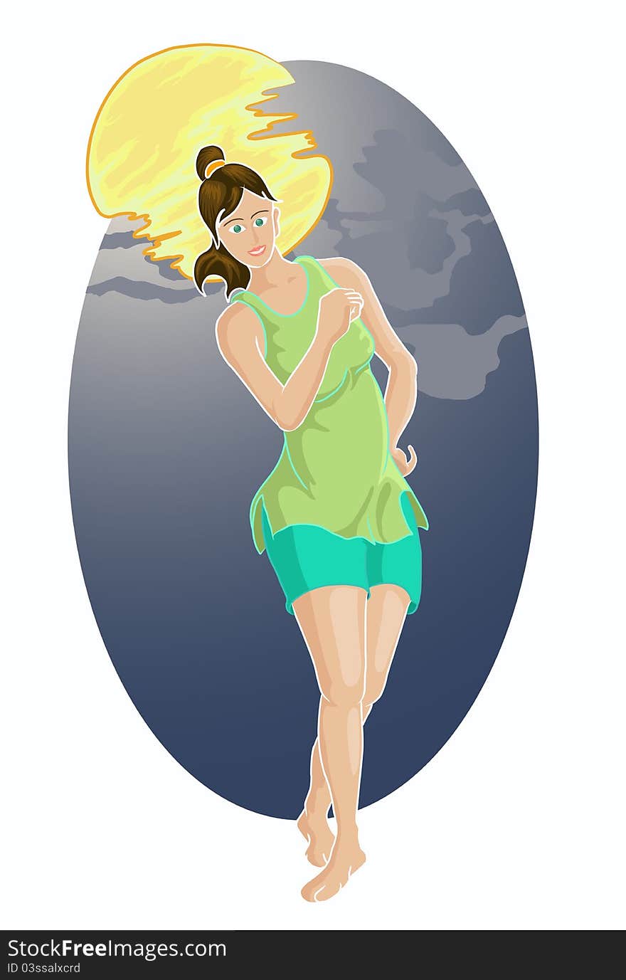 Illustration of girl dancing in the night with yellow abstract moon. Illustration of girl dancing in the night with yellow abstract moon