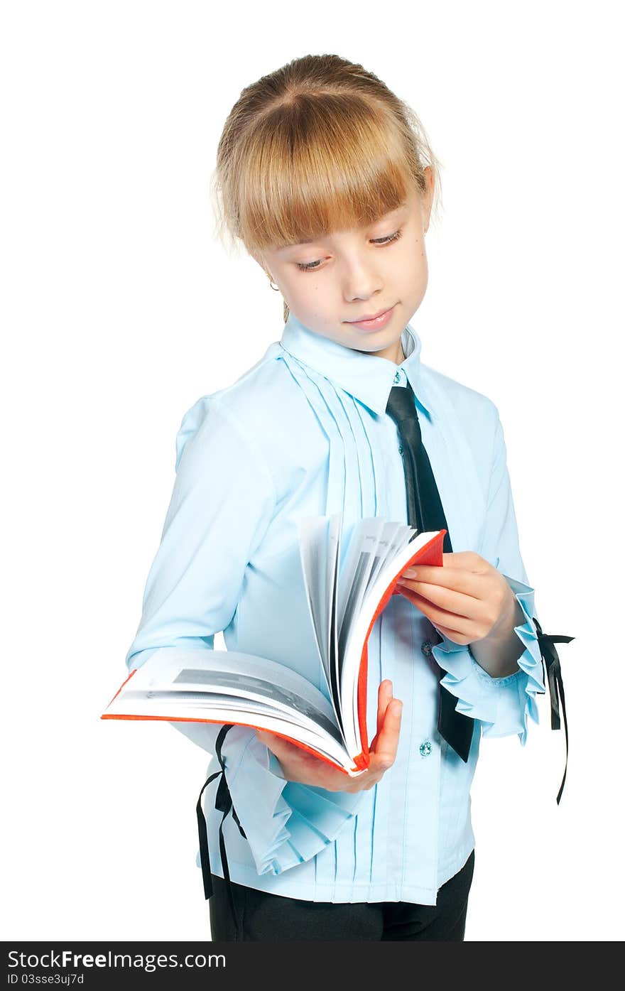 Bored schoolgirl turns the pages of the book, isolated on white background