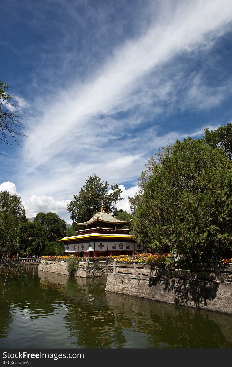 Ancient pavilion in The Norbulingka,Tibet, China. The Norbulingka is Dalai Lama's summer palace. Ancient pavilion in The Norbulingka,Tibet, China. The Norbulingka is Dalai Lama's summer palace.