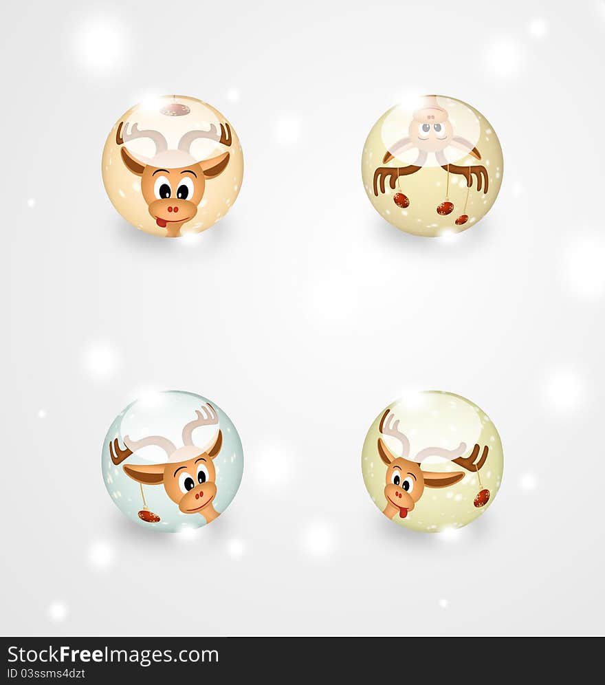 Four glass spheres with funny christmas reindeers