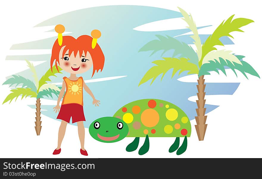 Illustration of little cute girl walking with green funny turtle among the palms. Illustration of little cute girl walking with green funny turtle among the palms