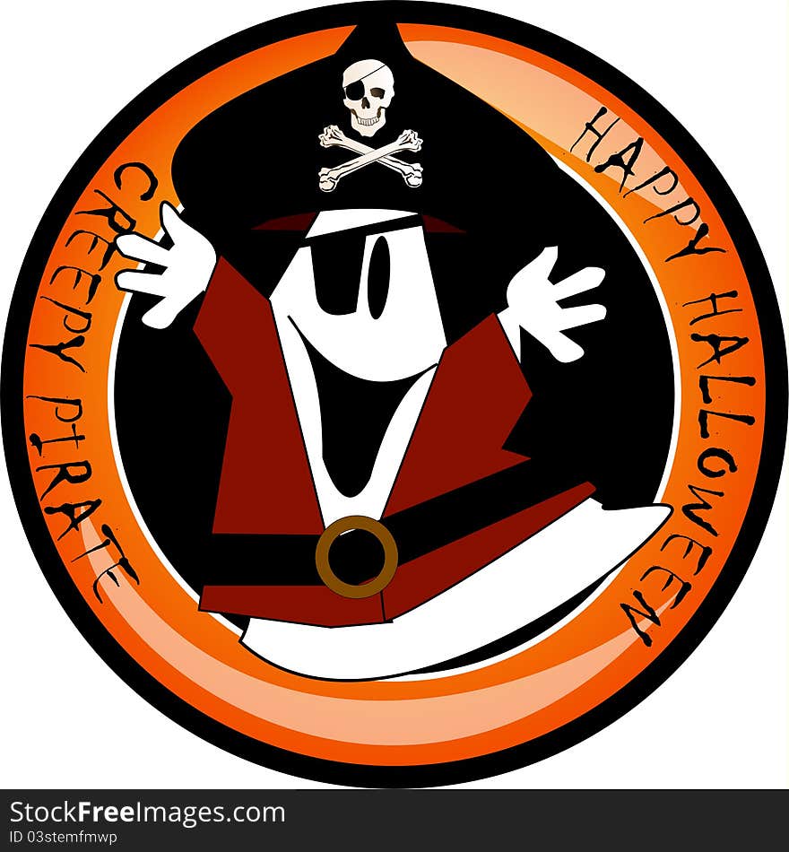 Ghost pirate costume. Use red suit with black belt. Eye patch and skull cap. Black and orange background. Ghost pirate costume. Use red suit with black belt. Eye patch and skull cap. Black and orange background