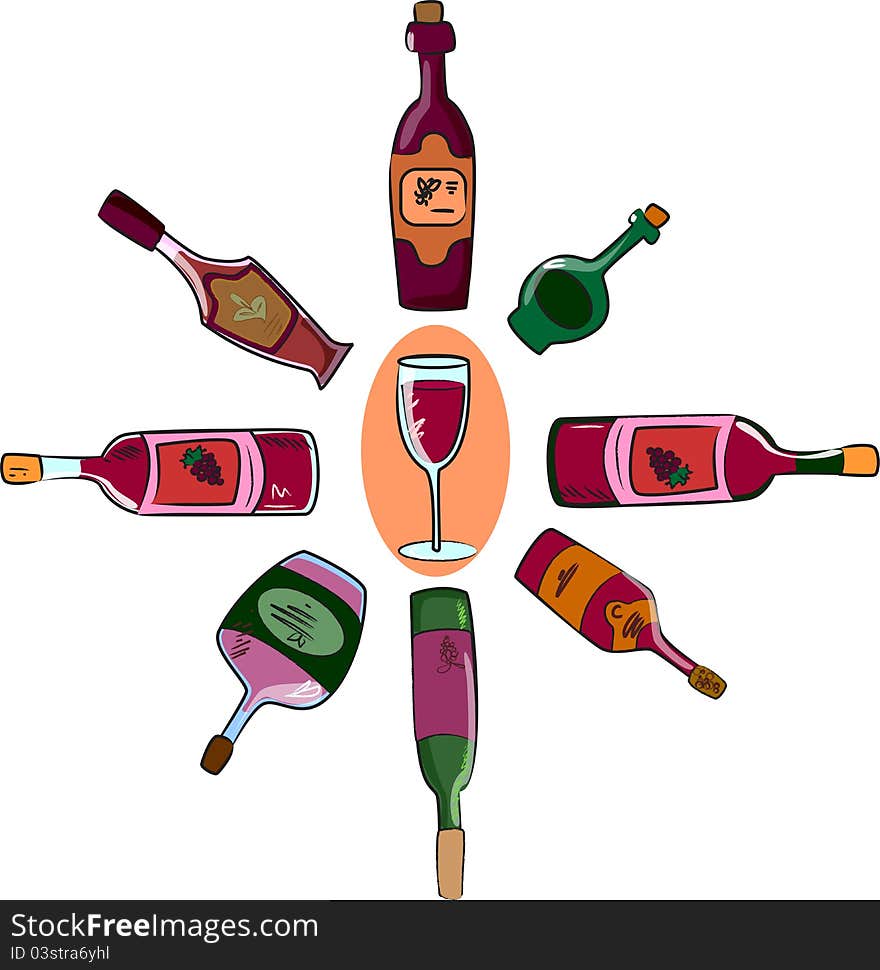 collection of wine bottles and a glass,illustration picture