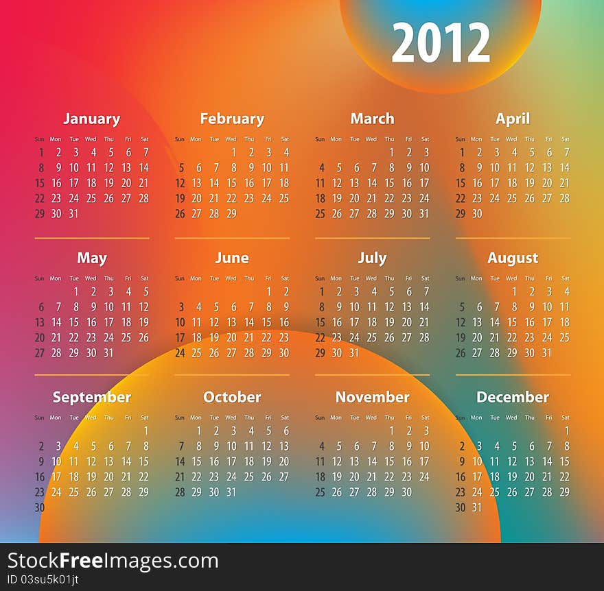 Calendar for 2012 year on colorful background. Sundays first. Vector