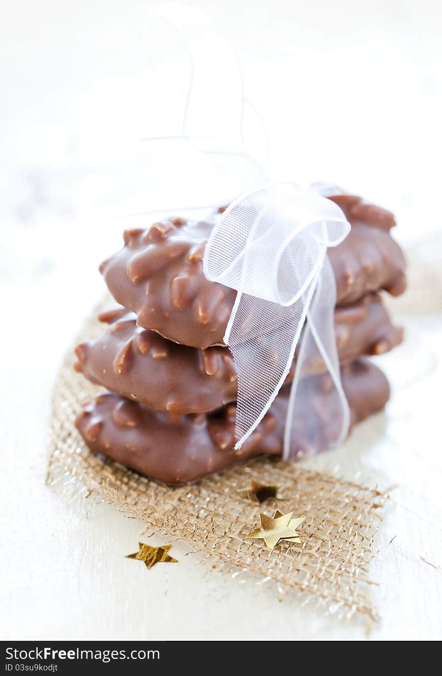 Fresh gingerbread cookies with almonds and ribbon. Fresh gingerbread cookies with almonds and ribbon