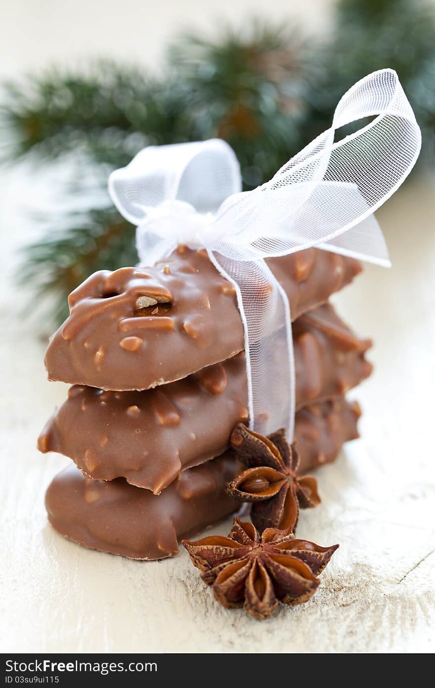 Fresh gingerbread with chocolate and ribbon. Fresh gingerbread with chocolate and ribbon