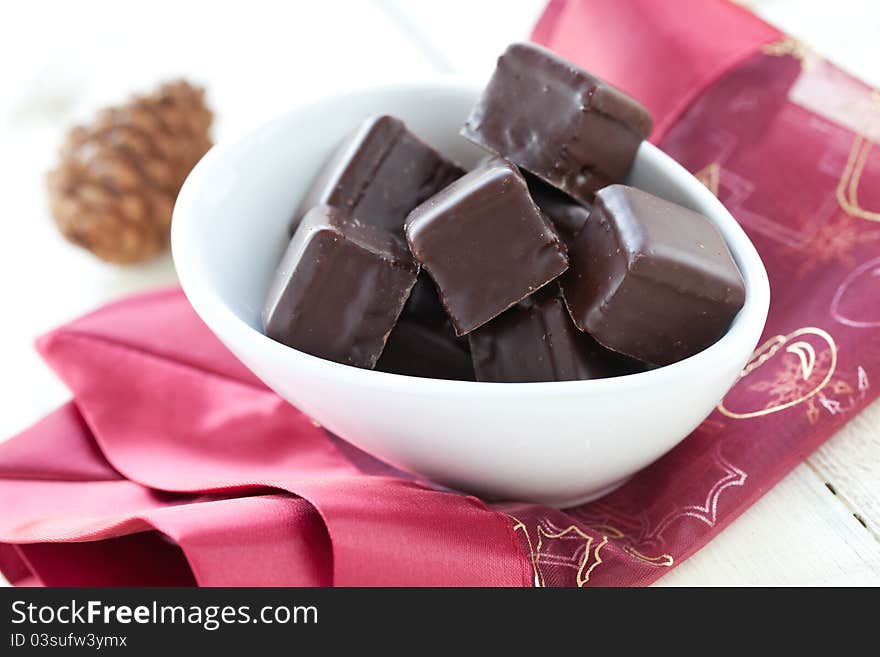 Fresh gingerbread with chocolate in a bowl. Fresh gingerbread with chocolate in a bowl