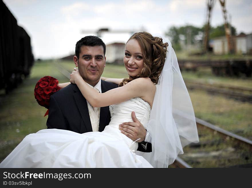 Bride and groom walking