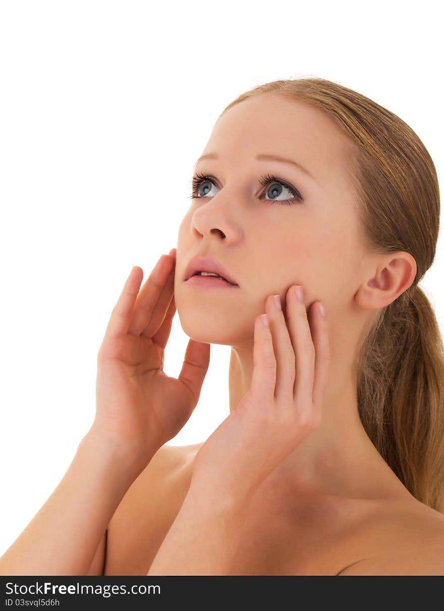 Portrait of a beautiful healthy girl on a white background