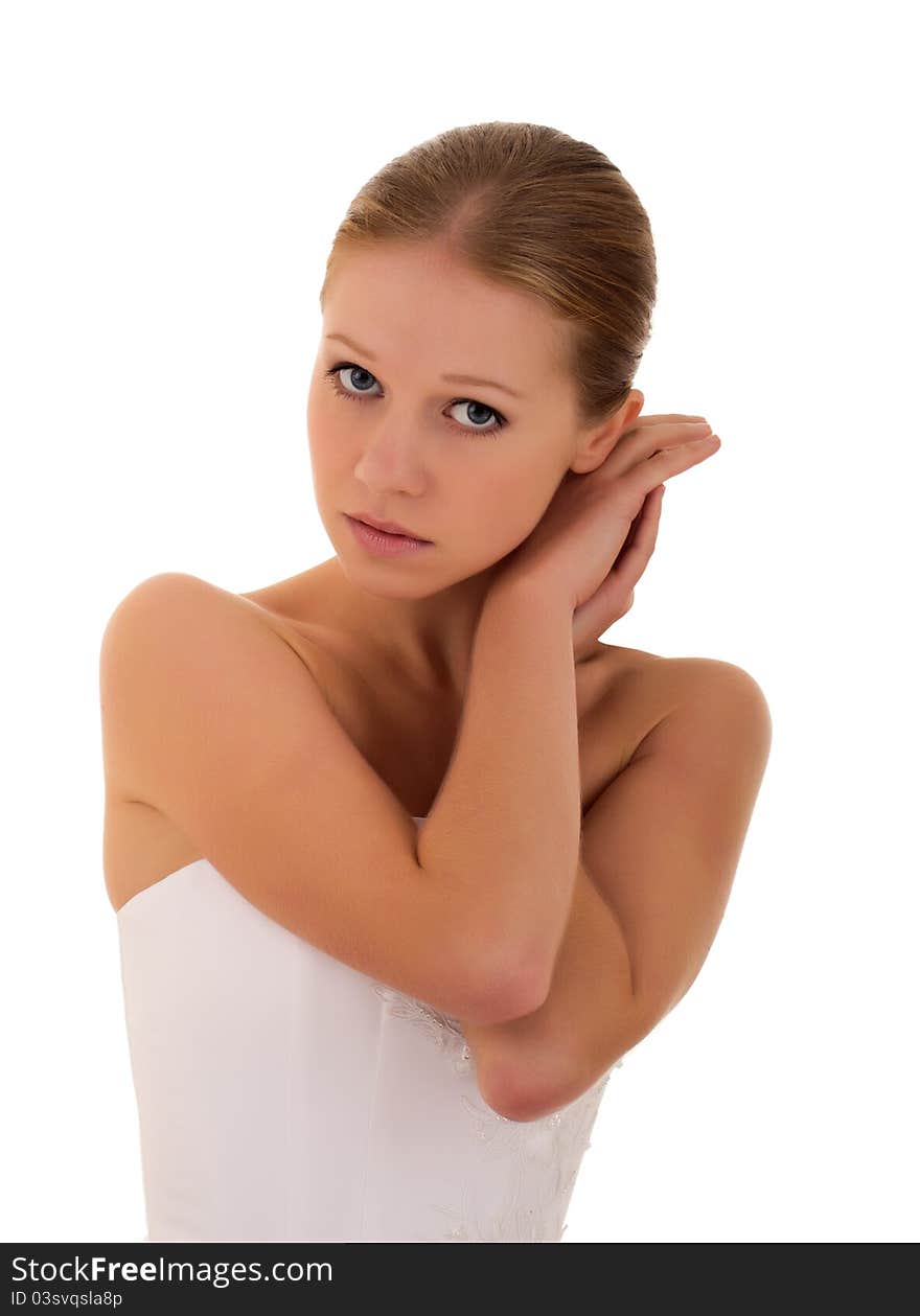 Portrait of a beautiful healthy girl in a white corset. Portrait of a beautiful healthy girl in a white corset