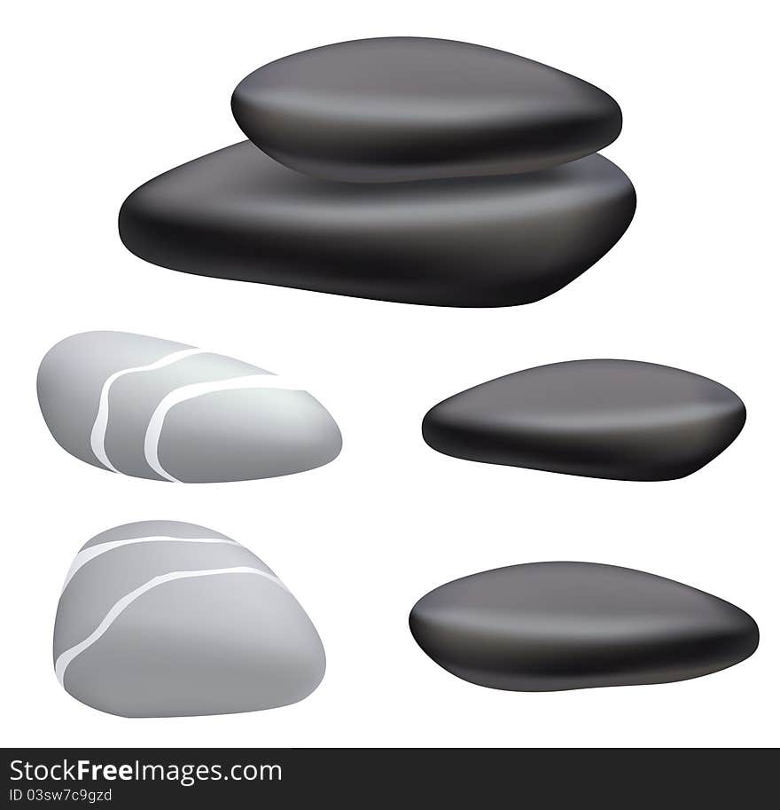 Dark and gray pebbles on a white background.