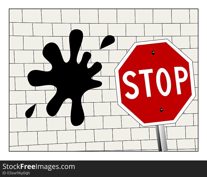 Stop sign in front on a splat on a brick wall. Stop sign in front on a splat on a brick wall.