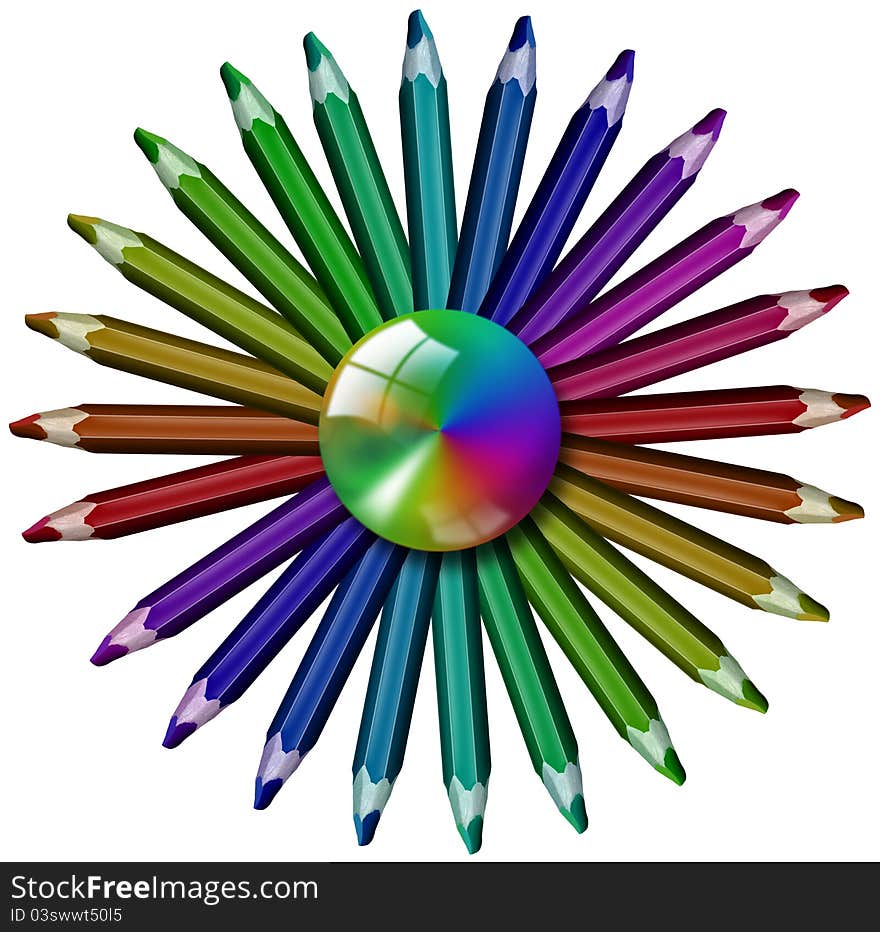 Illustration with 24 colored pencils, placed in a circle and the multicolored sphere. Illustration with 24 colored pencils, placed in a circle and the multicolored sphere