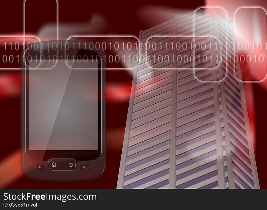 A city building and a mobile phone with binary code in the background. A city building and a mobile phone with binary code in the background