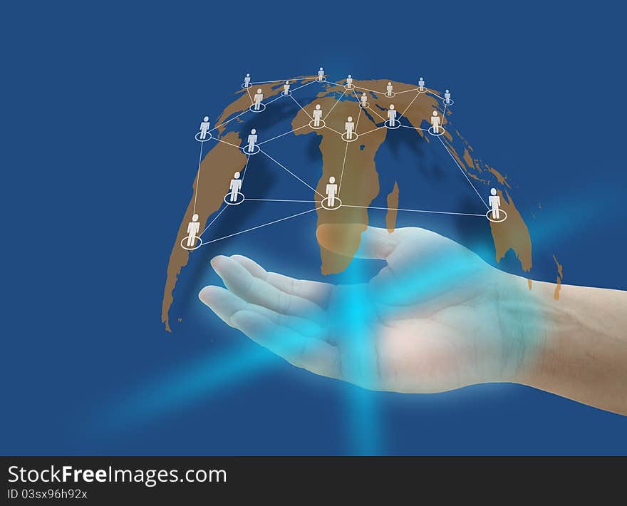 Hand hold social network connection technology concept. Hand hold social network connection technology concept