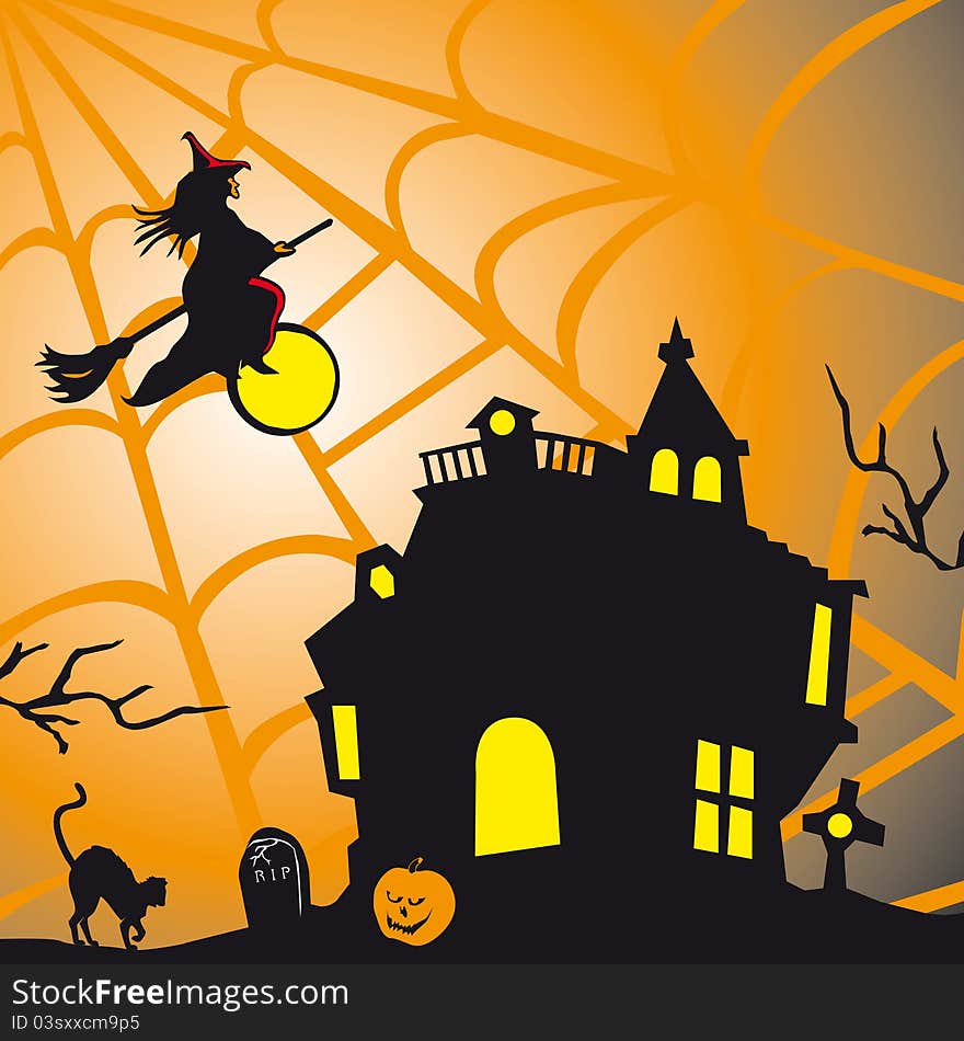 Halloween theme square card with castle and witch