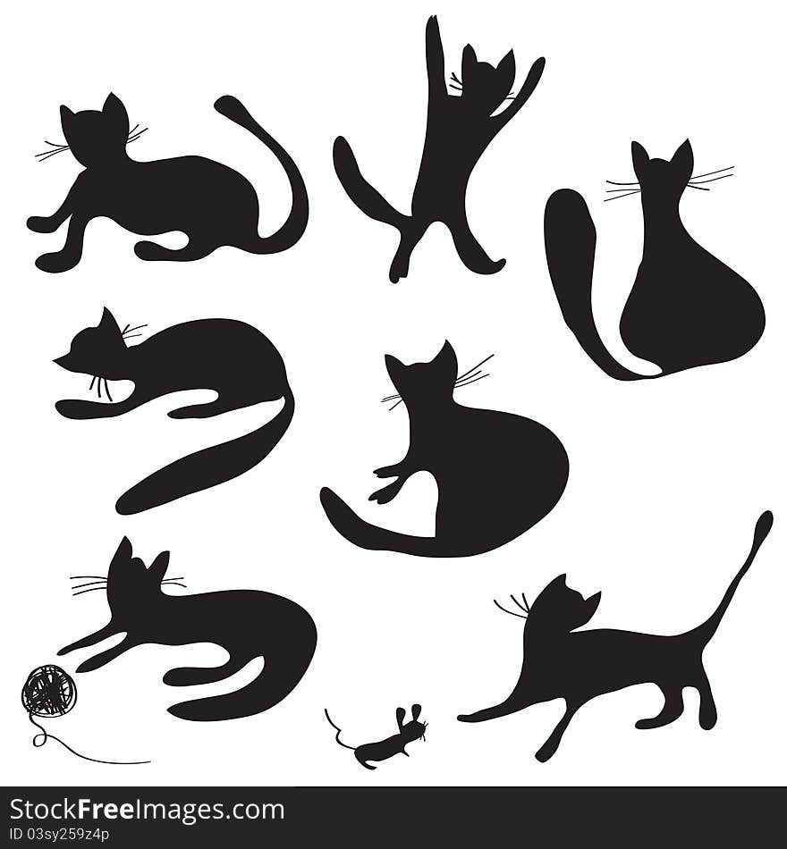 Cat silhouettes set funny cartoons