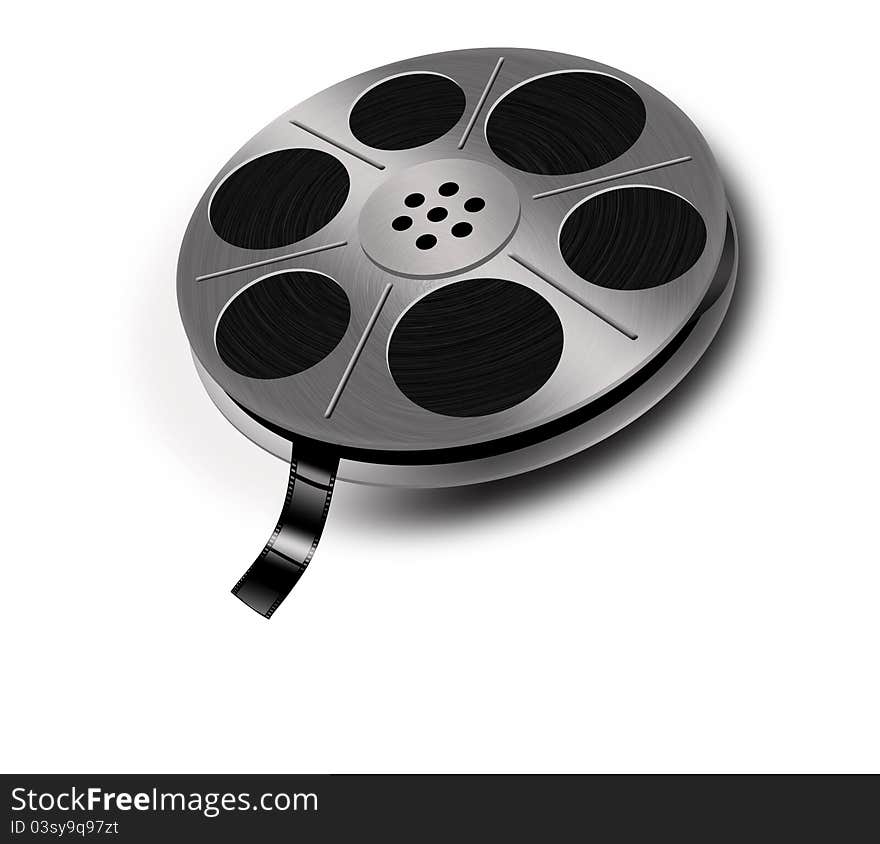 Old film reel with film on white background