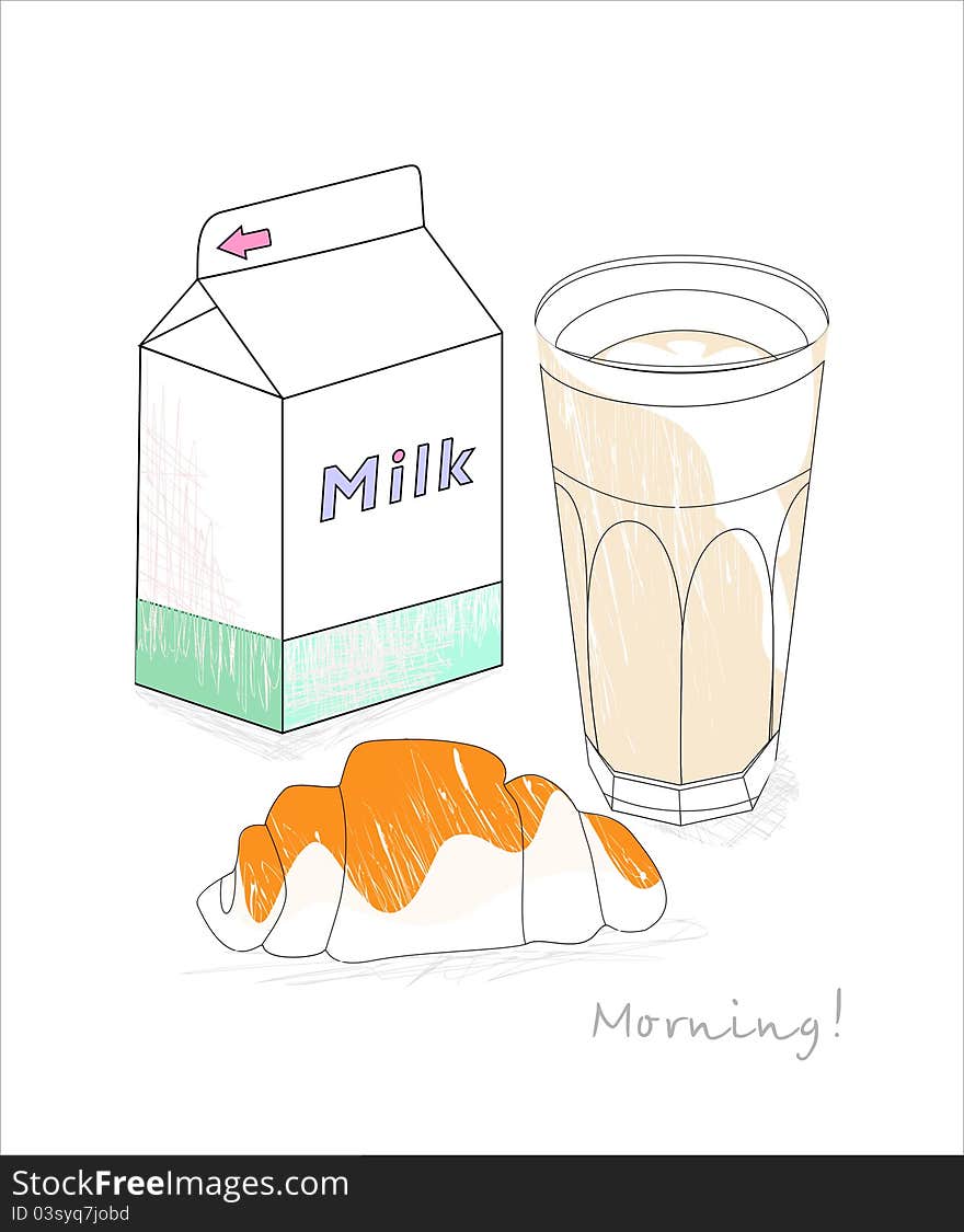 Vector drawing of the milk, glass and croissant. Vector drawing of the milk, glass and croissant