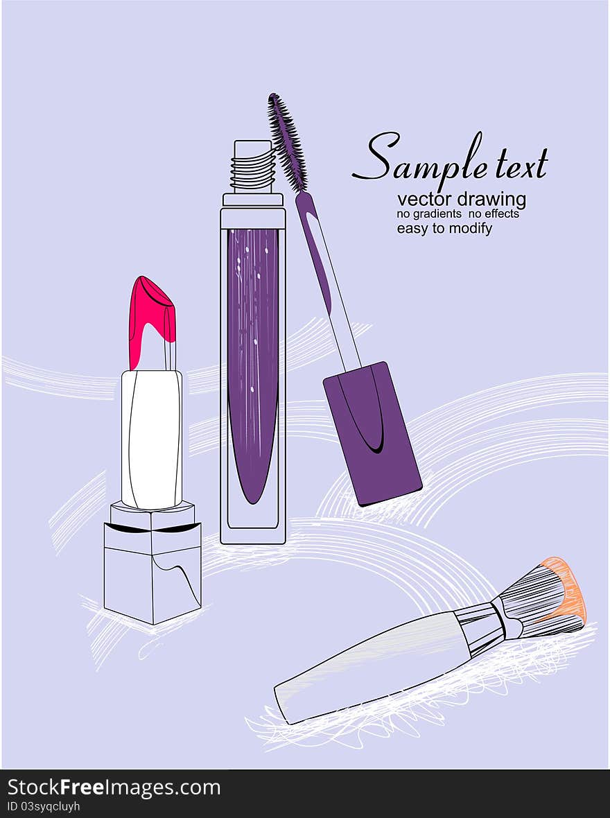 Vector illustration of the lipstick, mascara and c