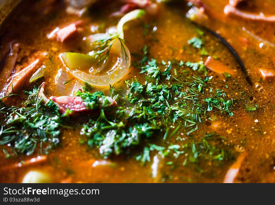 Borsch - soup, sprinkled with chopped green onion and parsley, closeup