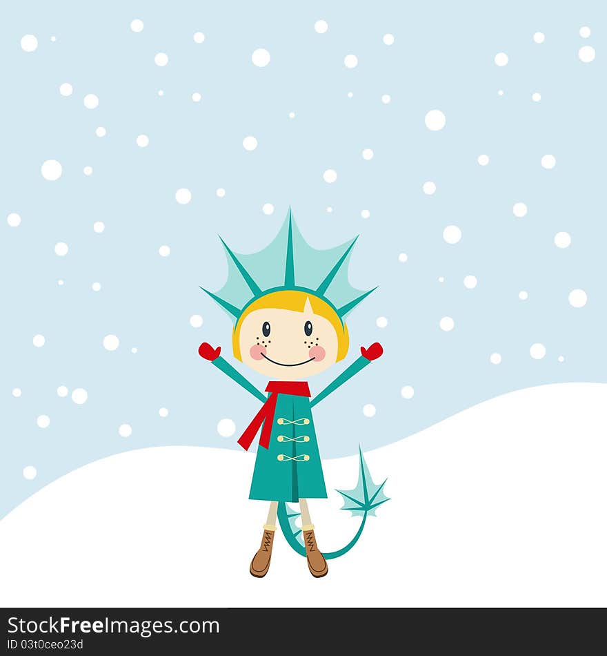 Christmas and New Years greeting card with girl girl dressed as a dragon