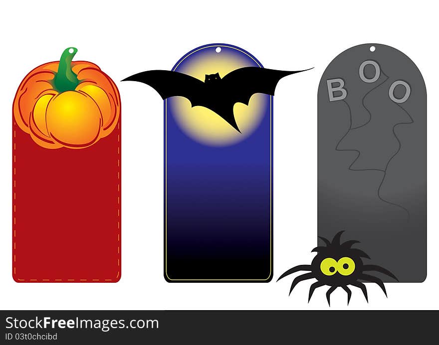 Set of funny halloween tags with pumpkin, bat and spider.