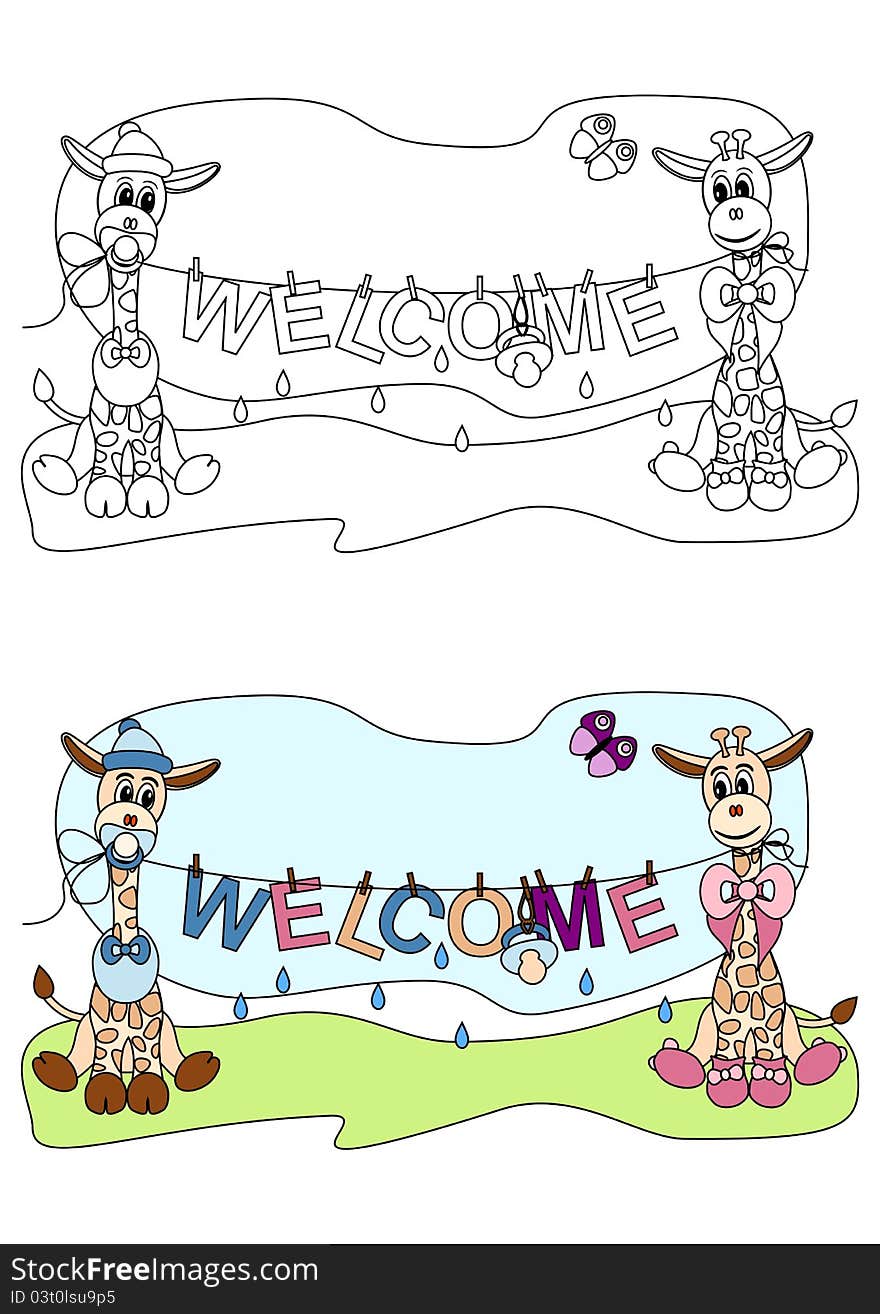 Illustration of two cute giraffes stylized like newborn babies holding washing line with text WELCOME - coloring book for children. Illustration of two cute giraffes stylized like newborn babies holding washing line with text WELCOME - coloring book for children