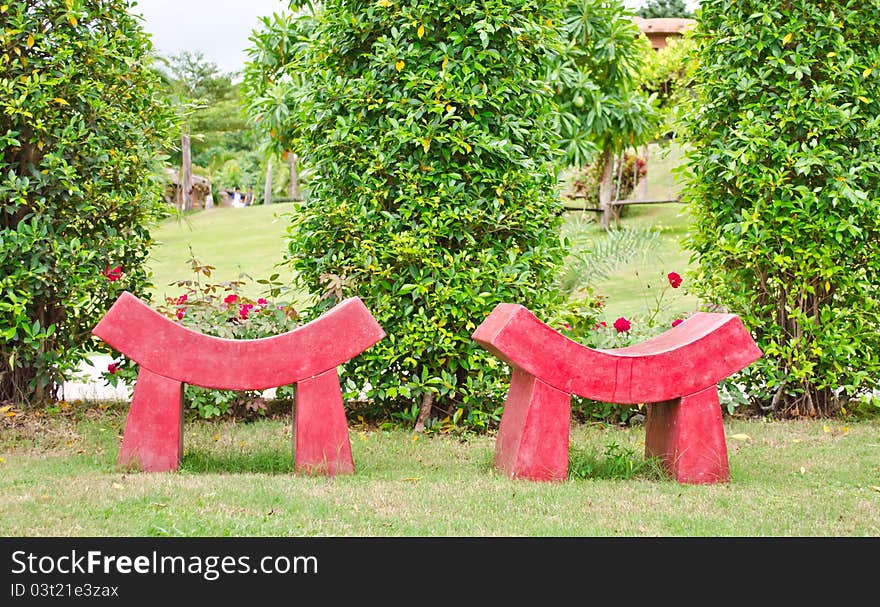 Couple of red modern style seat in garden
