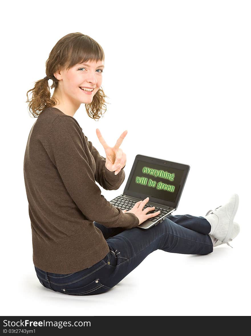 Young girl with laptop on white background with clipping path and shadow. Young girl with laptop on white background with clipping path and shadow