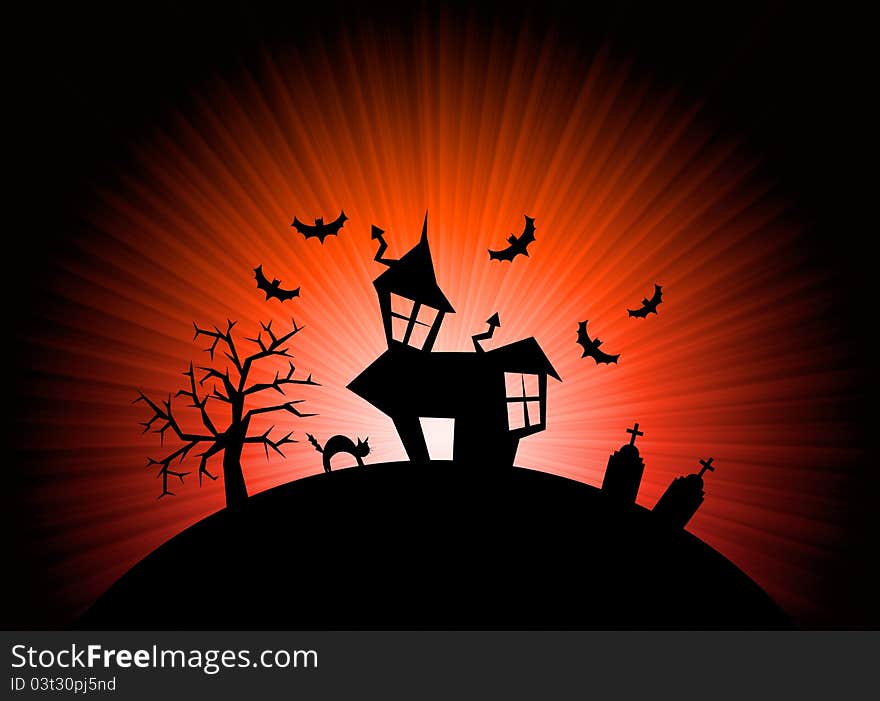 Terror night halloween background with house, cat, tombs and trees. Terror night halloween background with house, cat, tombs and trees.