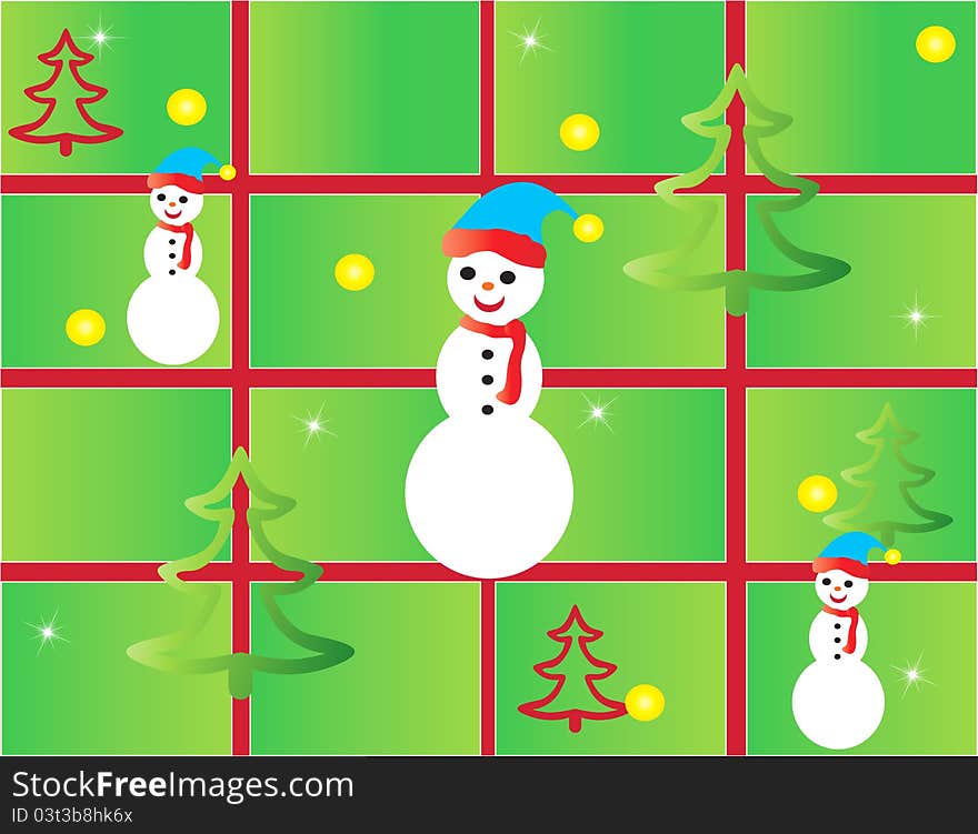 Christmas card background illustration balls ribbon snow red stars gift voucher tree snowman green gold human children tree santa claus. Christmas card background illustration balls ribbon snow red stars gift voucher tree snowman green gold human children tree santa claus