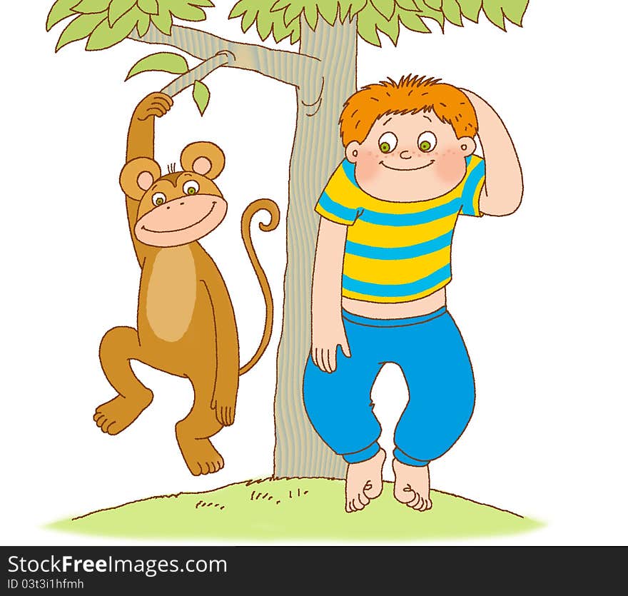 Little boy shows the monkey. Little boy shows the monkey