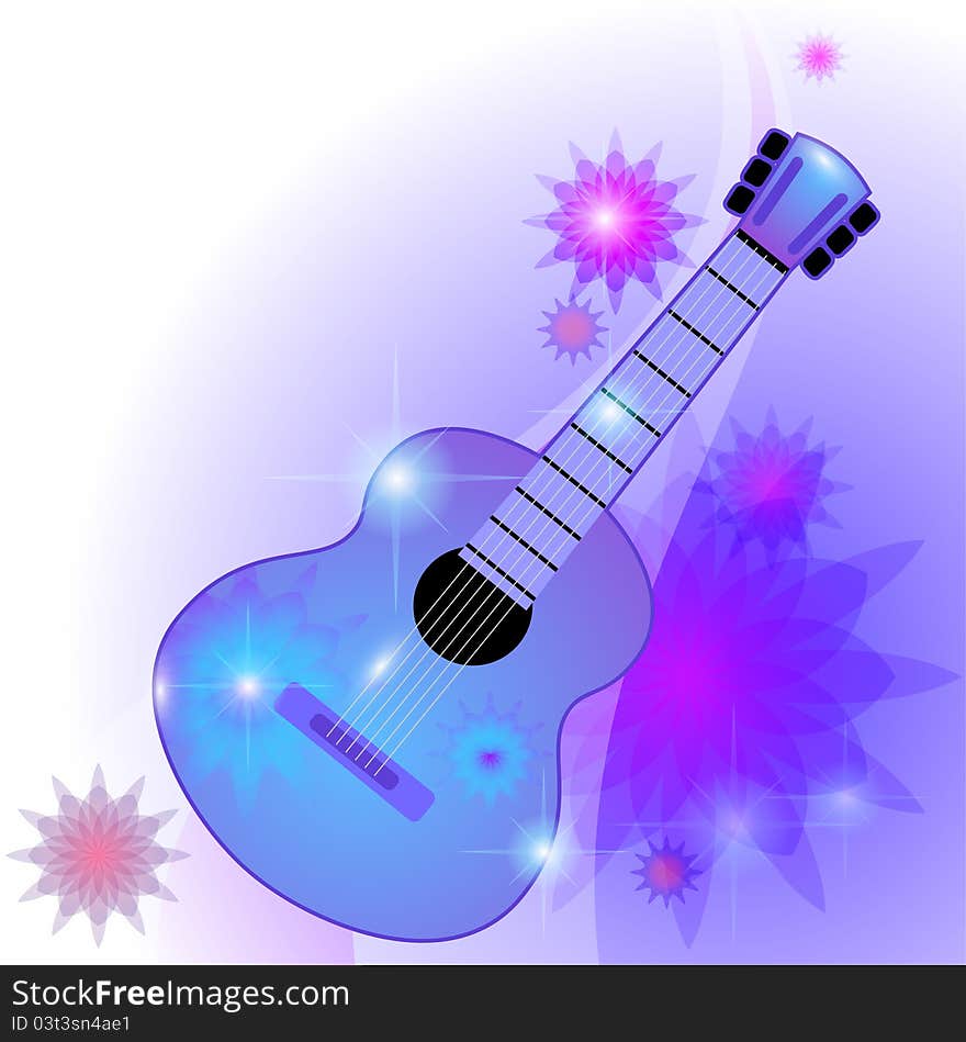 Pastel blue background with six string guitar. Pastel blue background with six string guitar