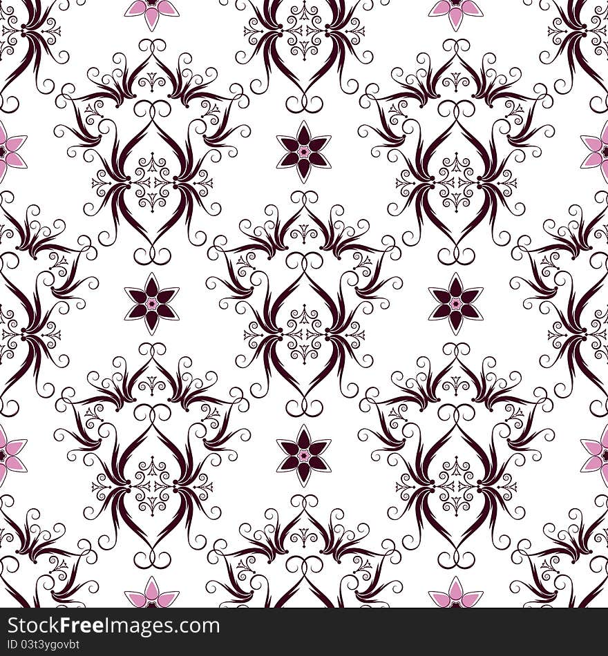 White seamless wallpaper with purple vintage pattern