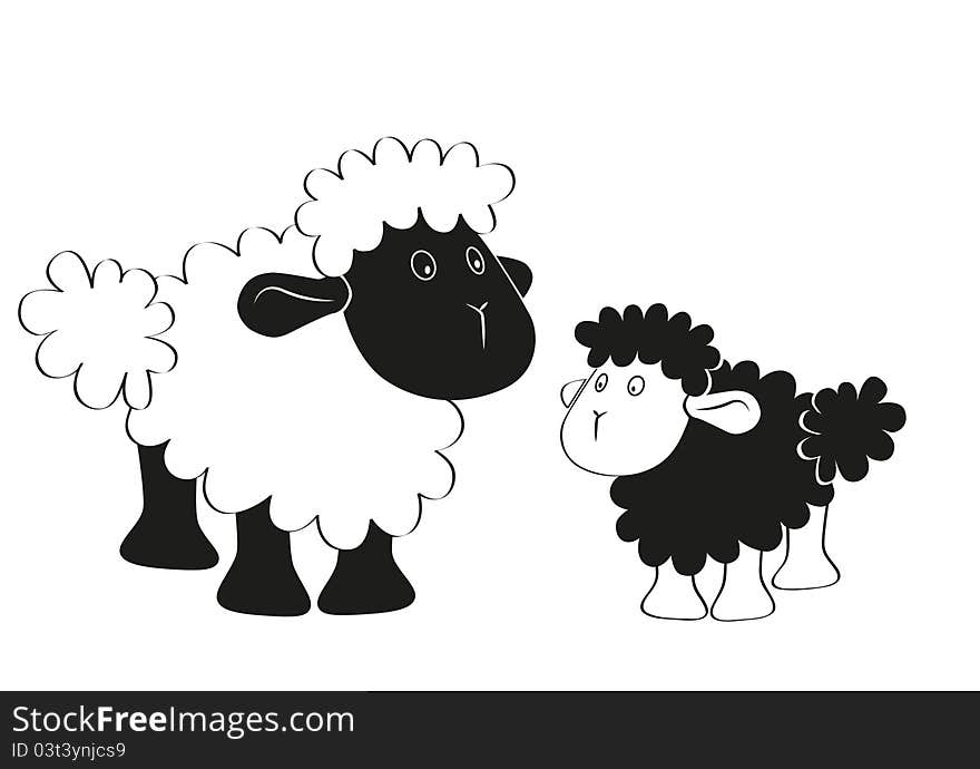 Black and white sheep cartoon  illustration,. Black and white sheep cartoon  illustration,