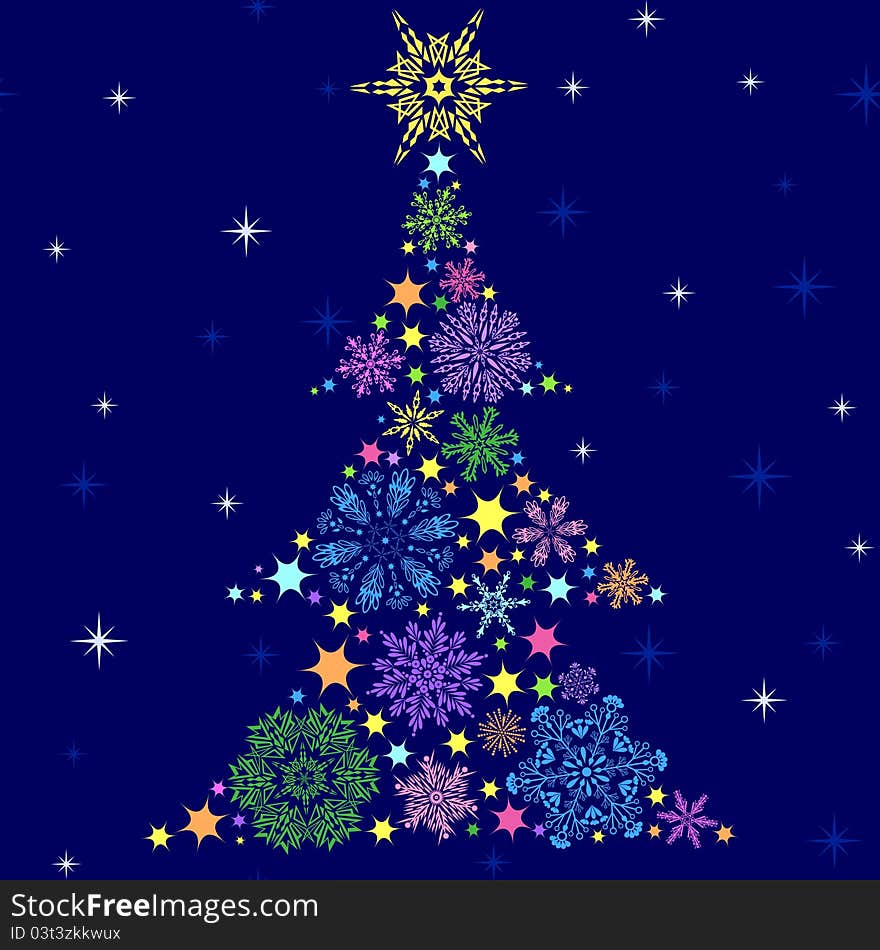 Abstract seamless colorful Christmas tree on blue background