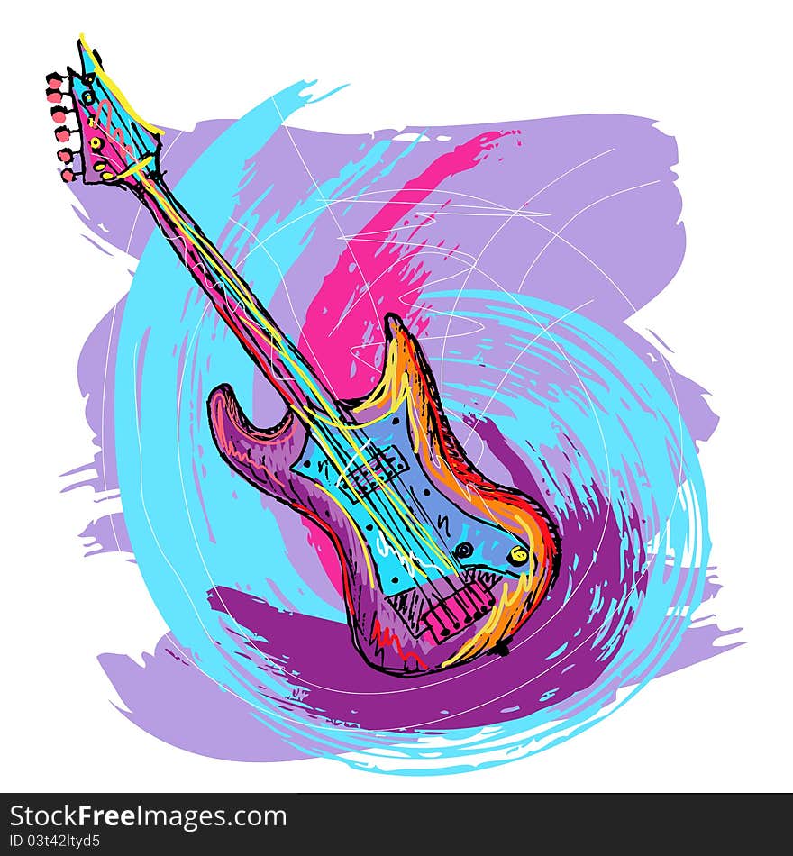 Hand drawn colorful illustration of electric guitar, created as very artistic painterly, for your design, easy to edit. Hand drawn colorful illustration of electric guitar, created as very artistic painterly, for your design, easy to edit