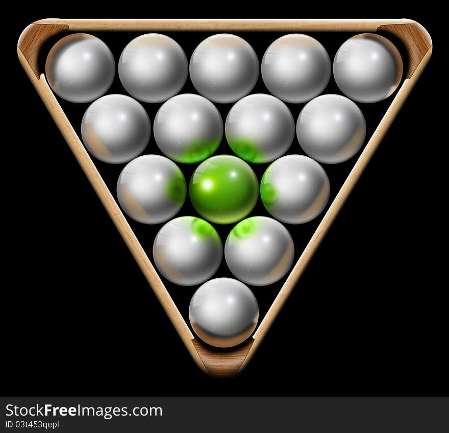 Illustration with triangle and white pool balls and one green, the concept of business or leader. Illustration with triangle and white pool balls and one green, the concept of business or leader