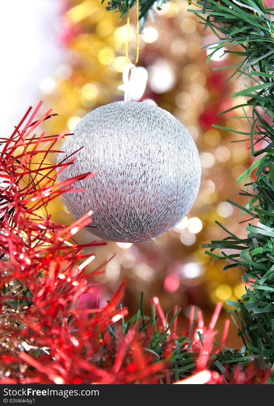 Silver ball as a decoration on Christmas tree