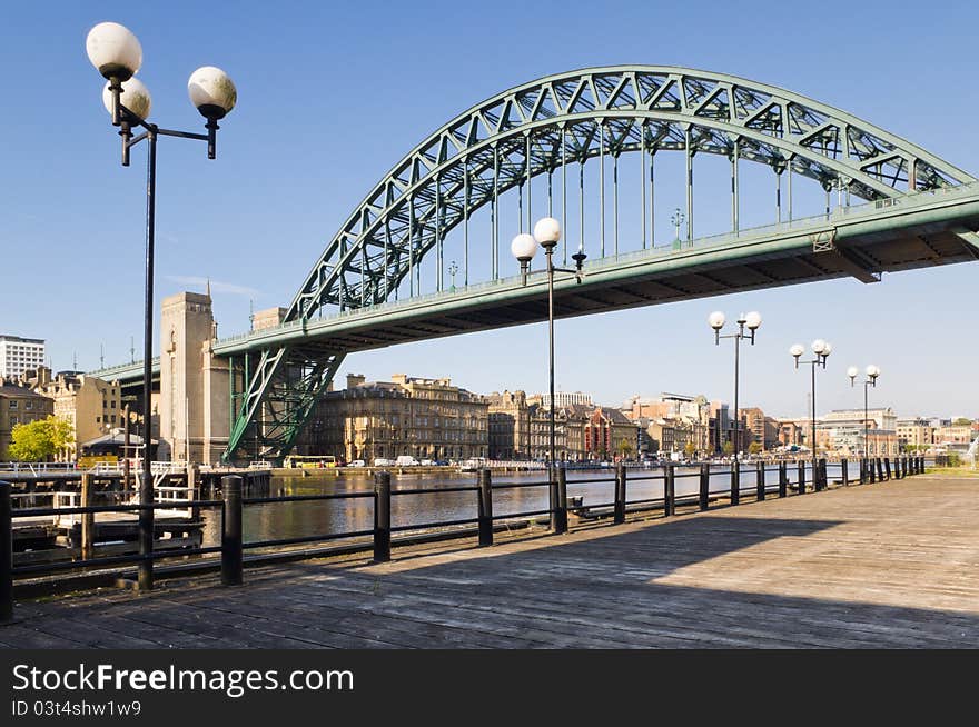 View of Tyne bridge with lamp posts from the south bank