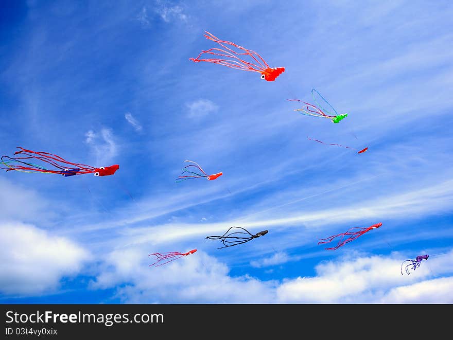 Colorful kites and blue sky