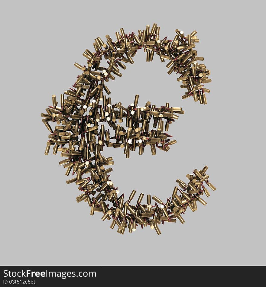 Euro sign made of bullets on grey