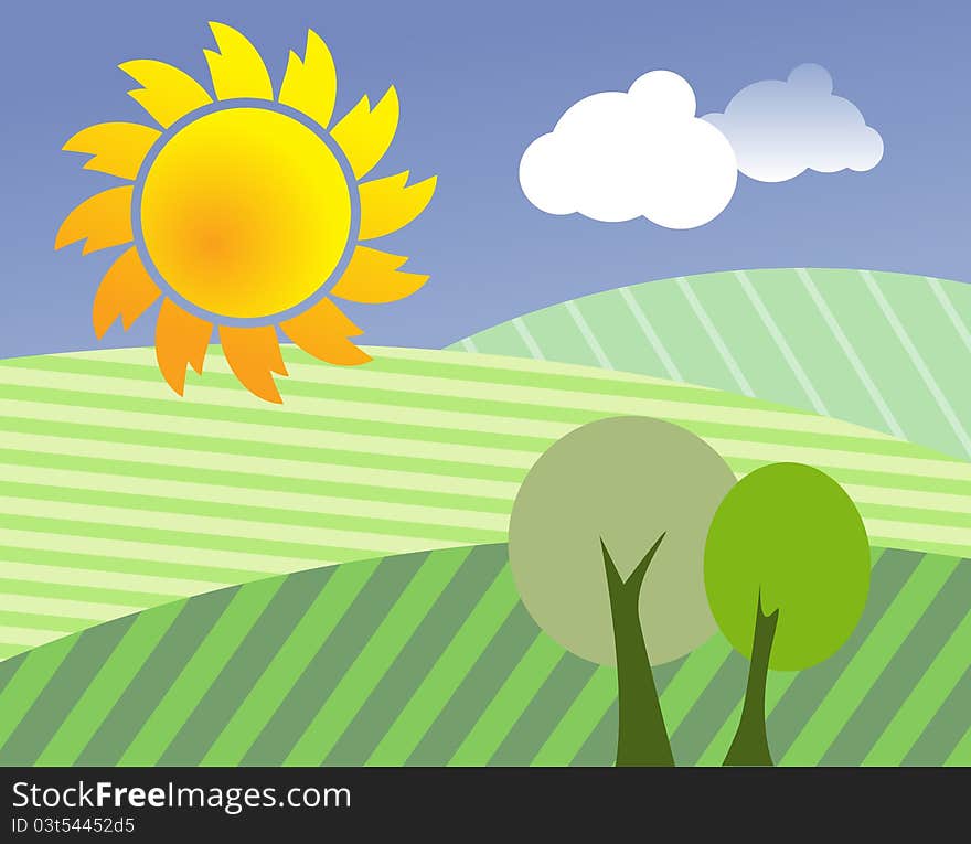 Spring sunny landscape, color illustration. Spring sunny landscape, color illustration