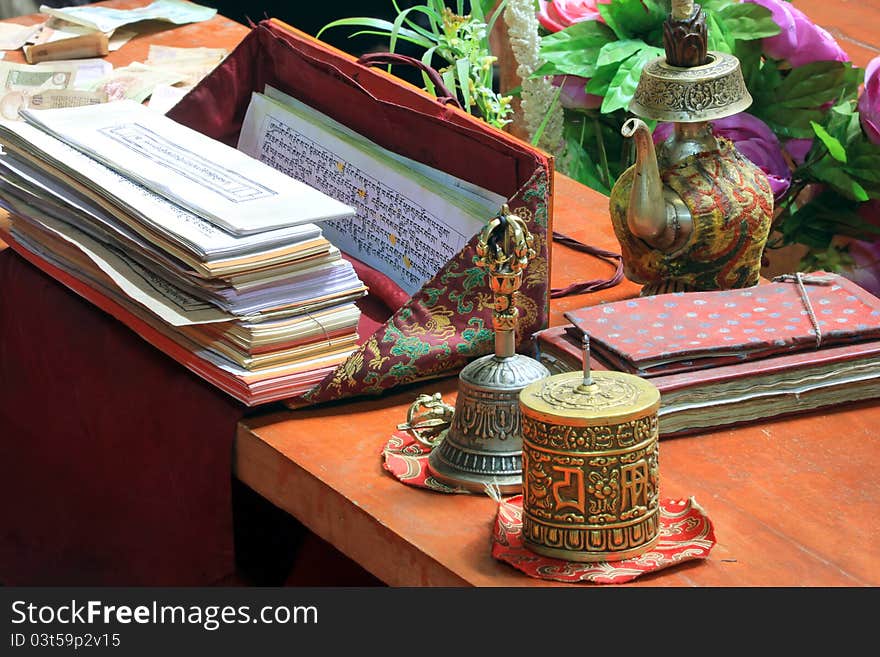 Ritual subjects for the praying monk in a Buddhist temple. Ritual subjects for the praying monk in a Buddhist temple