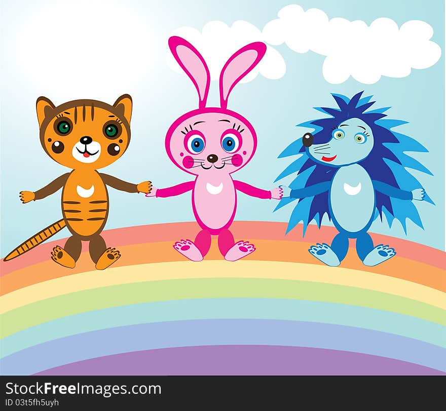 Illustration of little cute animals sitting on rainbow. Illustration of little cute animals sitting on rainbow